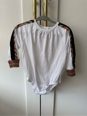 Burberry Classic Plaid Trim Baby Bodysuit - White with Tan Plaid